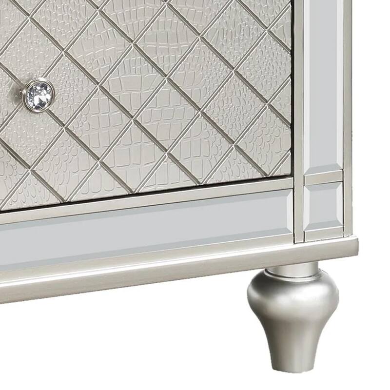 Cristo Nightstand, 2 Dovetail Drawers, Crystal Knobs, Champagne Silver