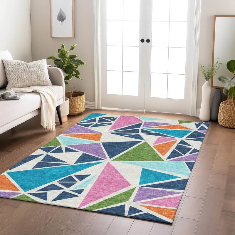 Machine Washable Indoor/ Outdoor Abstract Mosaic Chantille Rug