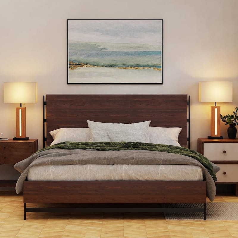 Table Lamps Set Of 2, Modern Dimmable Bedside Lamp With LED Nightlight, Square Wood Grain Nightstand Lamps With Linen Shades