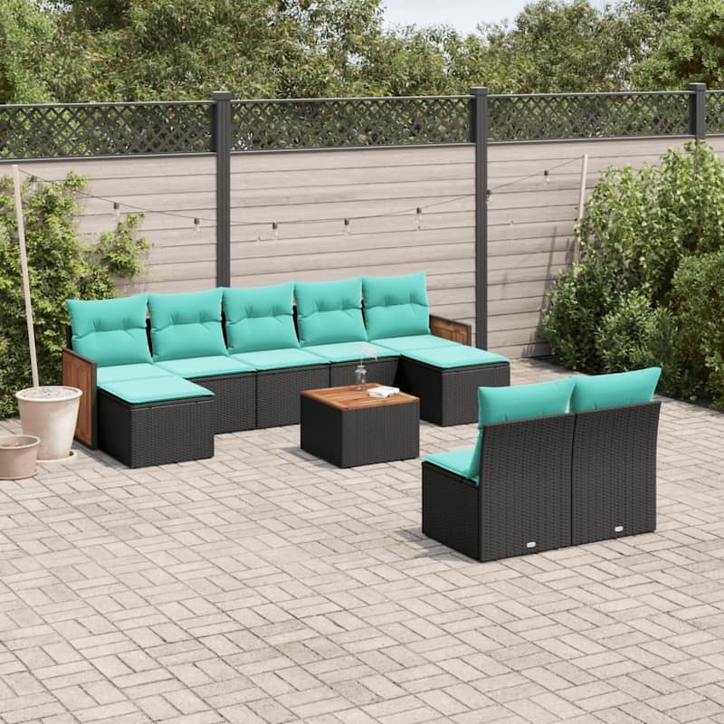 vidaXL 9 Piece Patio Sofa Set with Cushions Black Poly Rattan - 21.7x27.2x24.4-With table