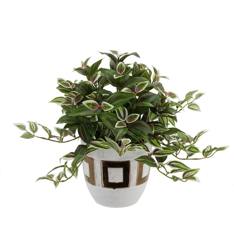 Faux Wandering Jew Plant in Gold/ White Ceramic Vase - 16"