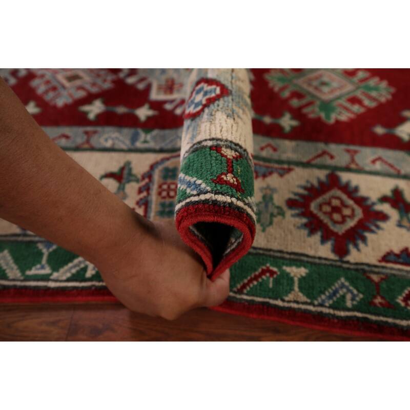 Geometric Red Kazak Area Rug Hand-Knotted Oriental Wool Carpet - 5'0" x 6'3"