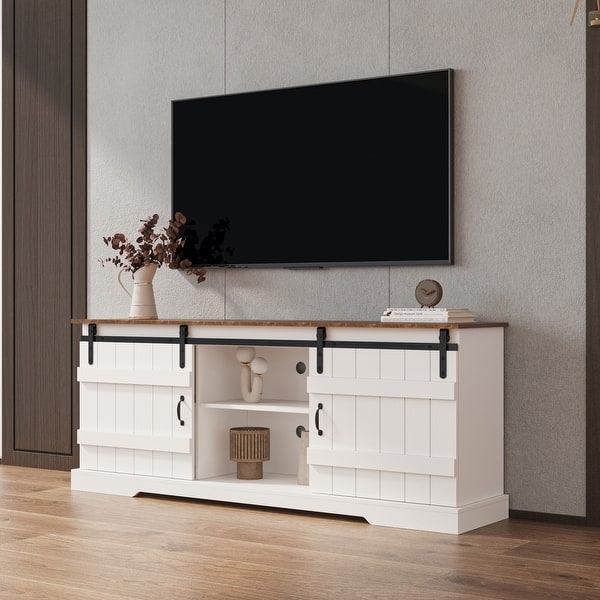 Farmhouse Sliding white Barn Door TV Stand for 80 inch TV Stands，Open Storage for Living
