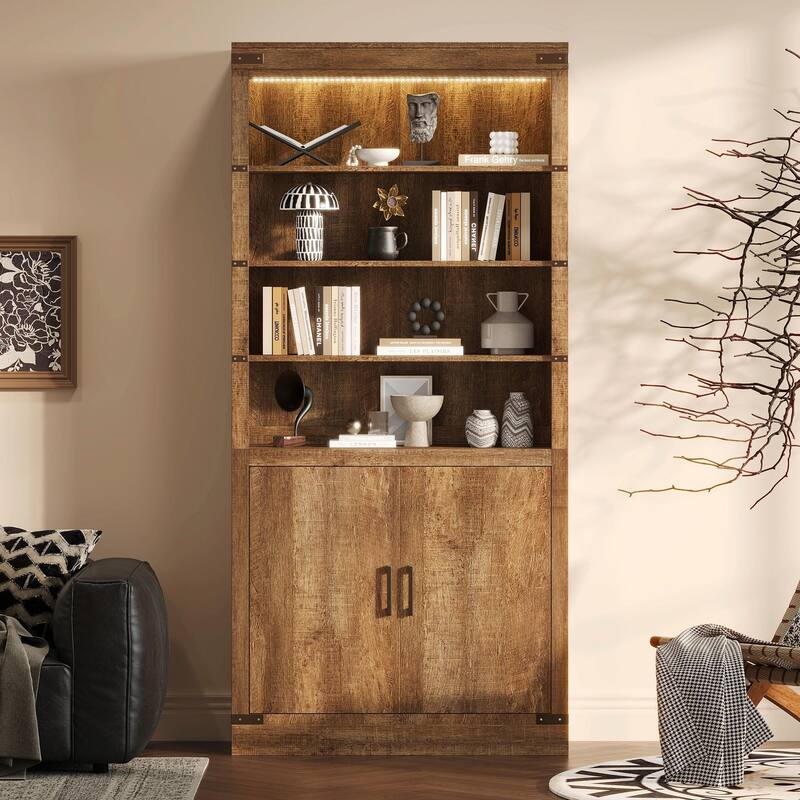 83.4" Tall Modern Bookshelf with Doors, Farmhouse Bookcase Featuring 3-Tier Adjustable Shelves & LED Display Lighting - Walnut