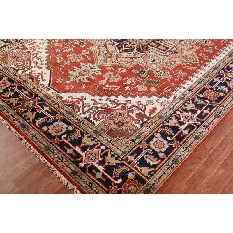 Hand Knotted Oriental 100% Wool Carpet Traditional Medallion Oranges & Rust Heriz (serapi) Area Rug - 10' 1'' X 7' 11''