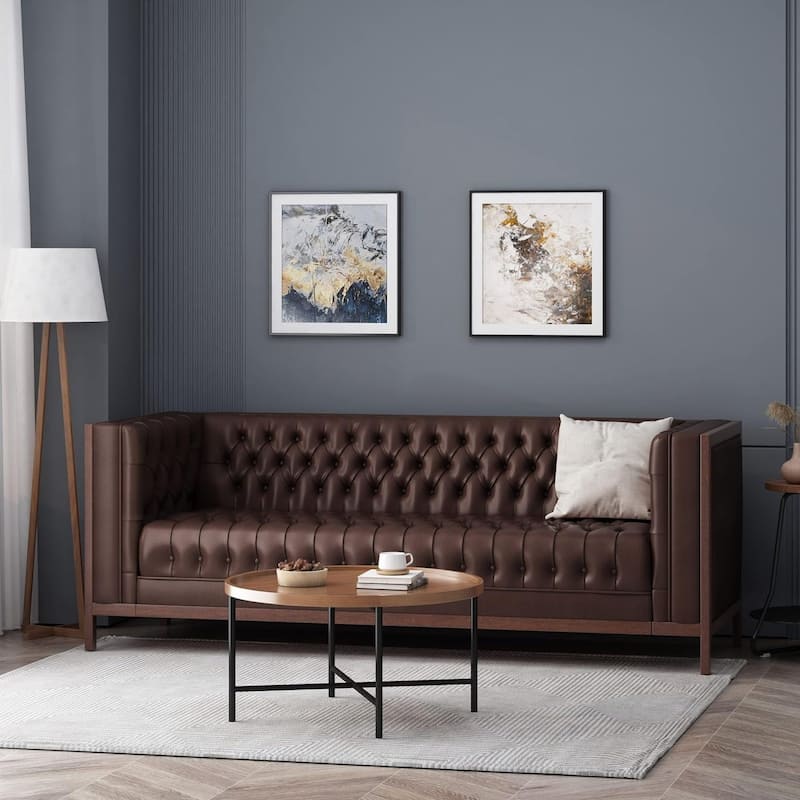 Roomfitters Chesterfield 3-Seater Sofa, Tufted Faux Leather Couch for Living Room - Dark Brown