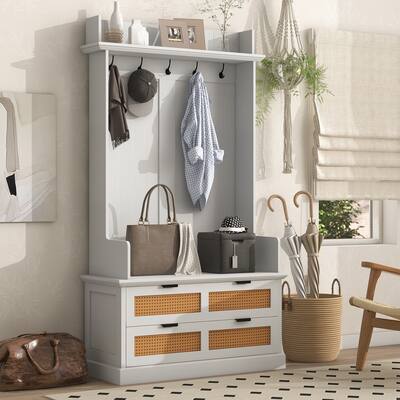 Vintage Style Mudroom Hall Tree with 5 Metal Hooks and 2 Large Rattan Element Drawers for Bedroom, Living Room, Entryway