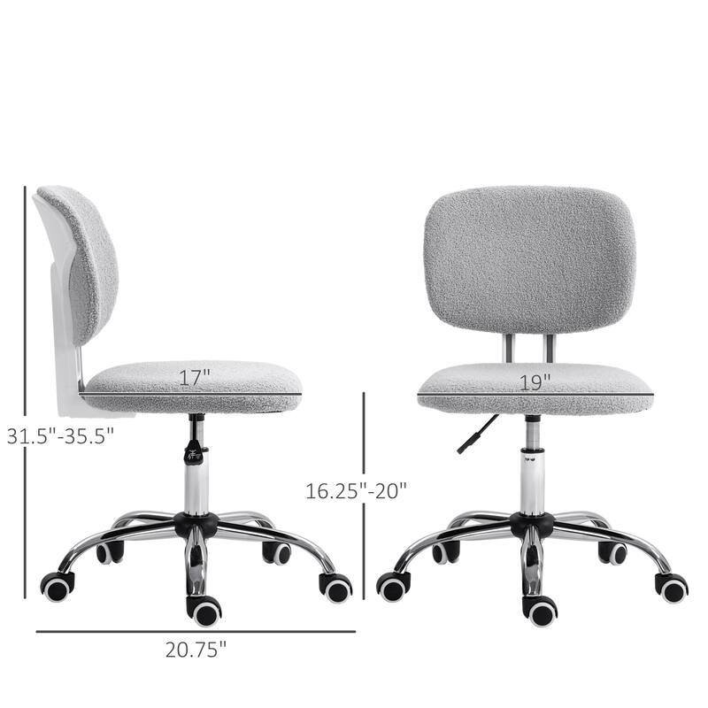 Cute Armless Office Chair with Teddy Fleece Fabric, Adjustable Height & Swivel Wheels for Home Office