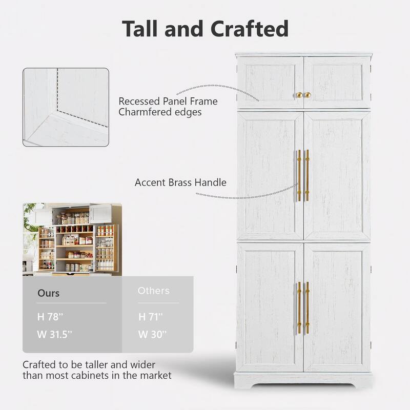 78.2" Kitchen Pantry Cabinet, Farmhouse Storage Cupboard with 8 Door Shelves, 4 Adjustable Shelves, Hidden Drawer & Wine Rack