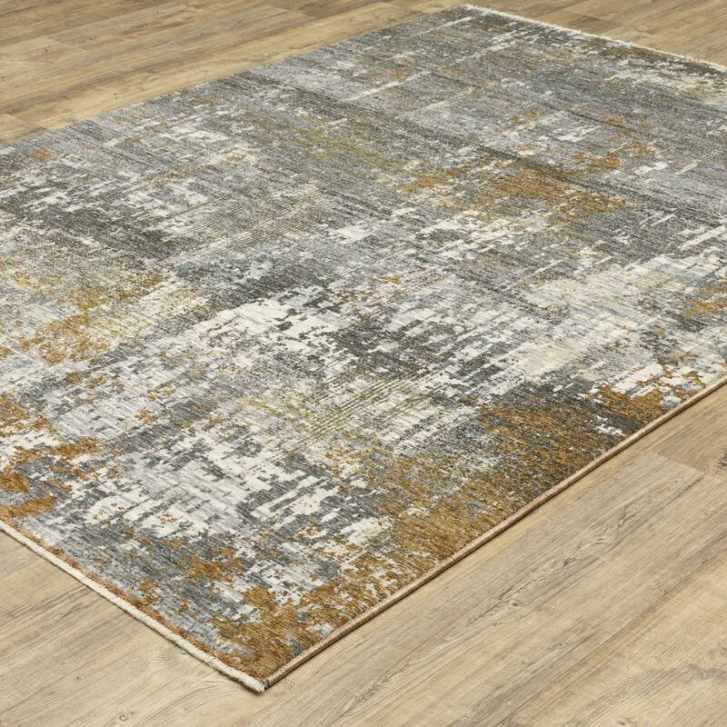 Style Haven Hendrix Distressed Etchings Abstract Grey/ Gold Fringe Edge Area Rug