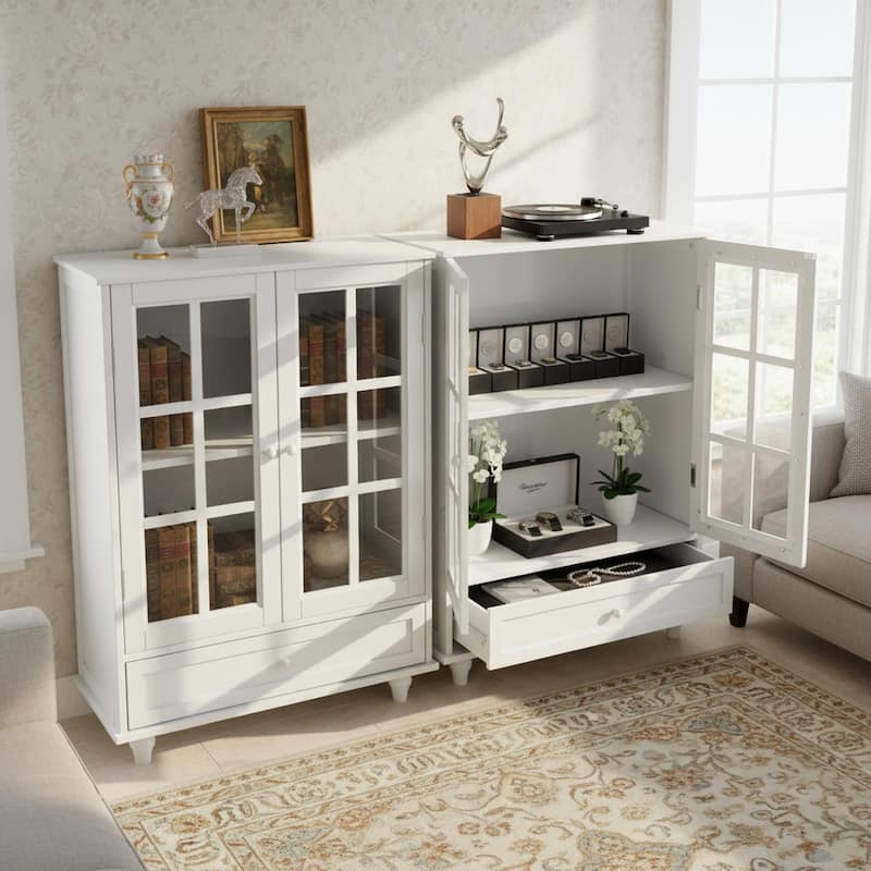 Homy Casa Minimalist Buffet Cabinet with Glass Doors & Drawer, Storage Sideboard, Kitchen Living & Dining Room Hallway Entryway