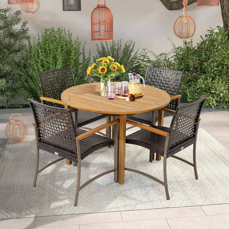 Set of 4 Outdoor Patio Wicker Dining Chairs w/ Acacia Wood Armrests