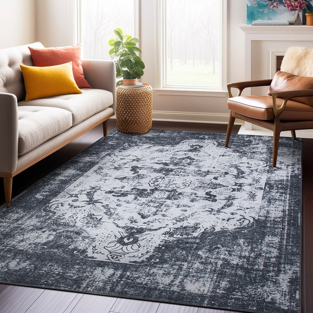 Vintage Distressed Medallion Machine Washable Area Rug