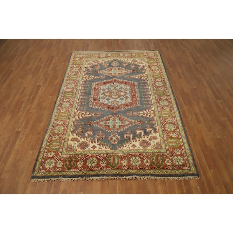 Hand Knotted Oriental 100% Wool Carpet Traditional Geometric Greys & Charcoal Viss Area Rug - 8' 11'' X 5' 11''