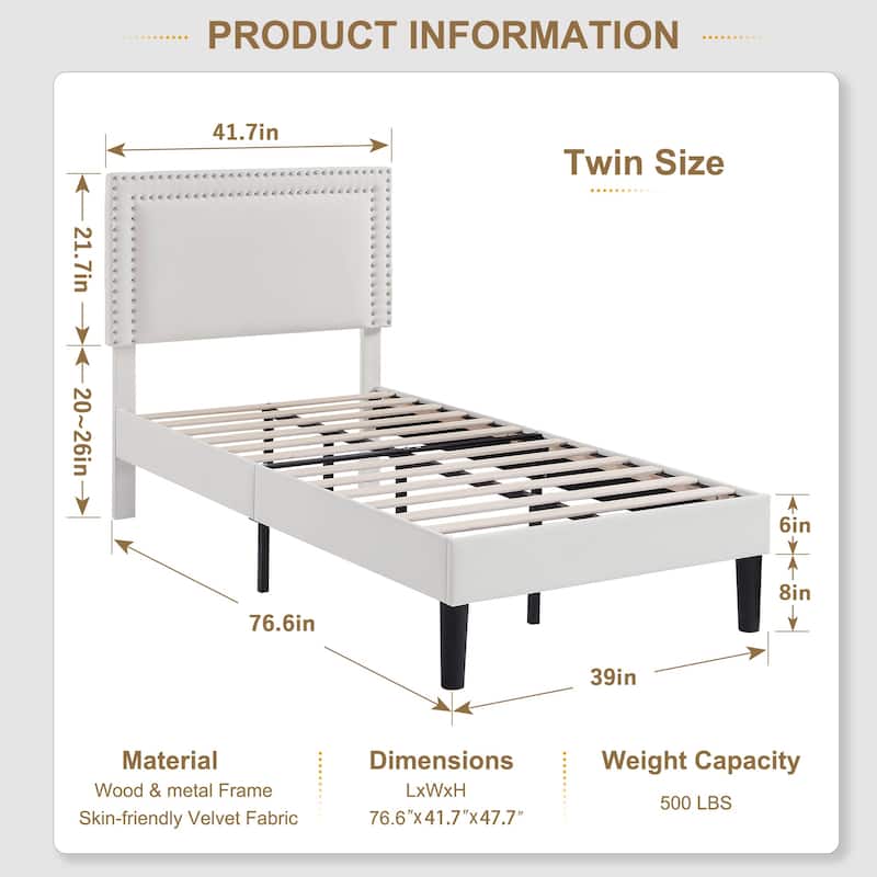 VECELO Twin Size Kids Beds Set of 2 Adjustable Headboard Soft Upholstered Headboard with Rivet Detail 8" Underbed Storage