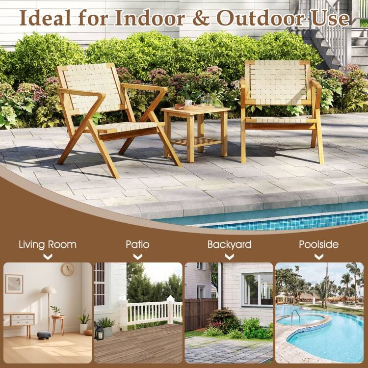 Natural Teak Wood Outdoor Accent Chair with PP Webbing Ergonomic - 33.5" x 25" x 29.5"