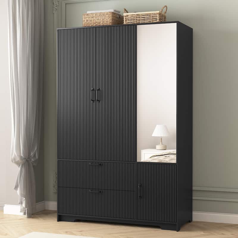 Black 4 Doors Wardrobe Closet Storage Cabinet with Mirror, Minimalist Armoire Closet with Hanging Rod - Black