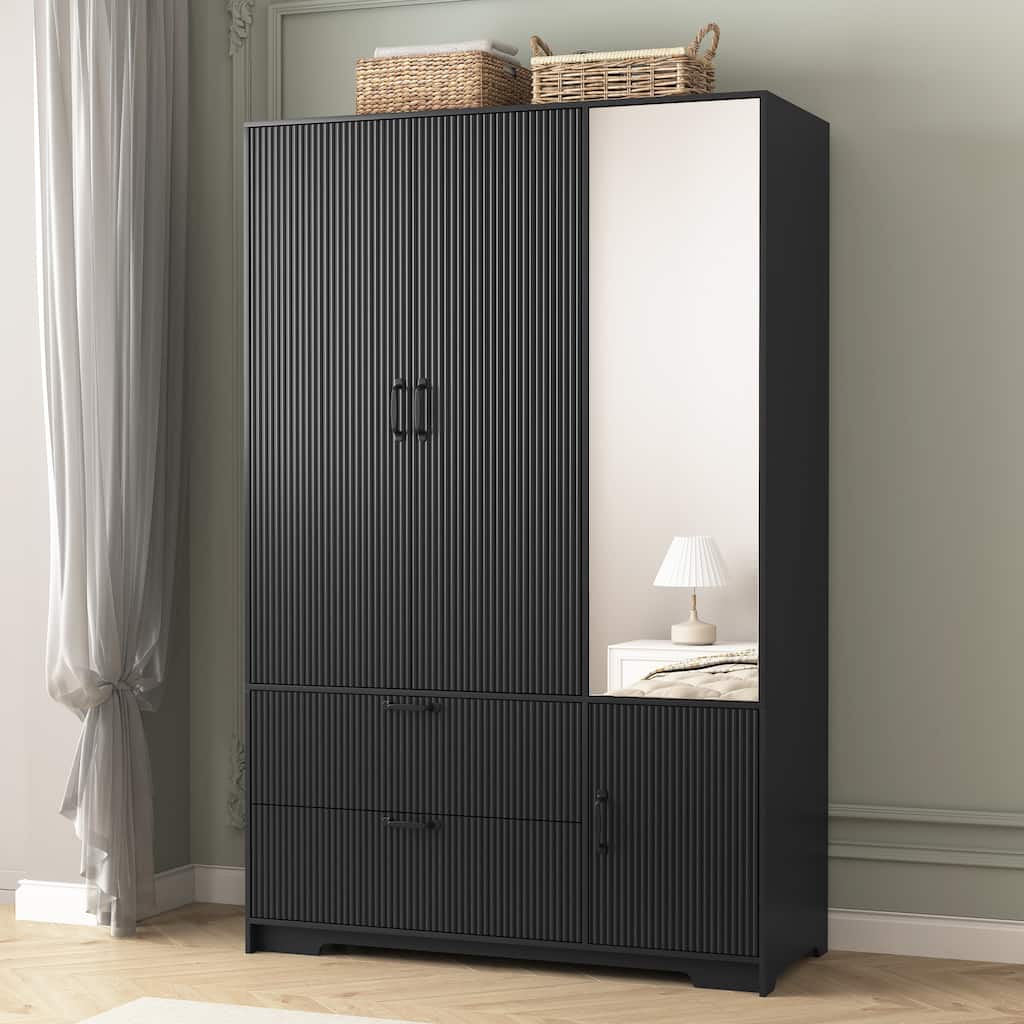 Black 4 Doors Wardrobe Closet Storage Cabinet with Mirror, Minimalist Armoire Closet with Hanging Rod