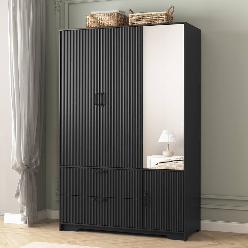 Wardrobe Closet with Automatic Motion Sensor Light, Half-length Mirror Door Armoire Storage Cabinet