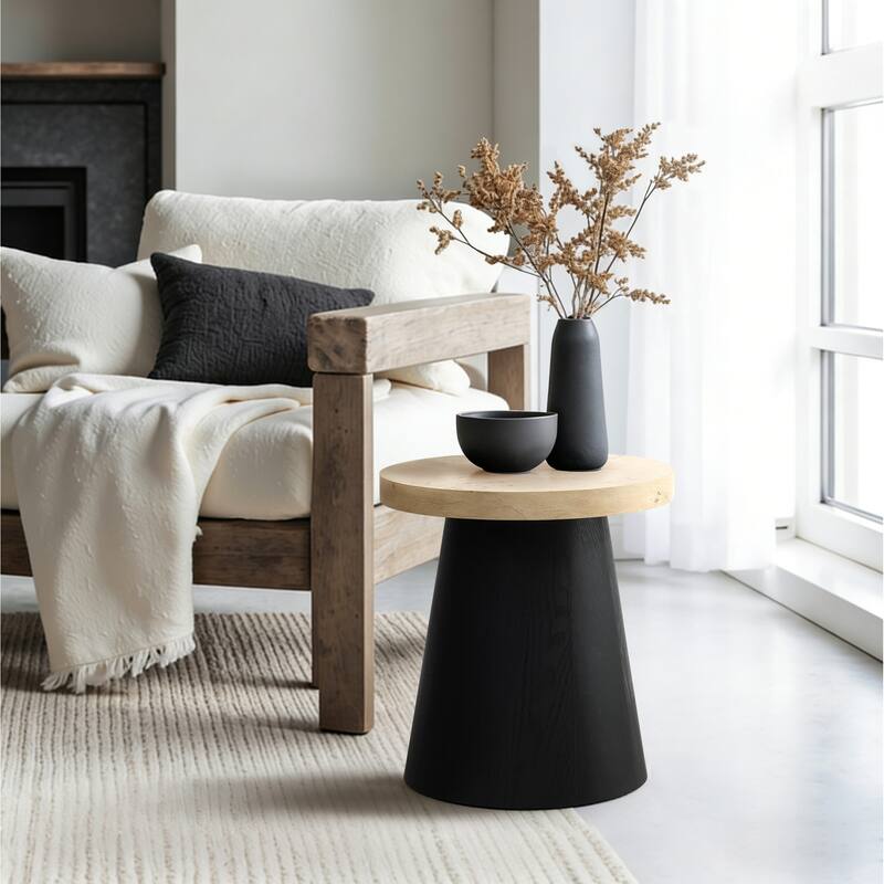 Light Wood Finish Top with Black Base Manufactured Wood Round Side Table - 18.9" H x 17.7" Diameter