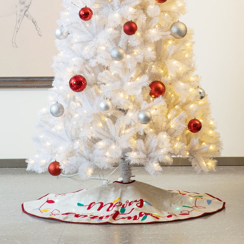 Glitzhome 48"D Pre-lit LED Embroidered Linen Merry Christmas Tree Skirt