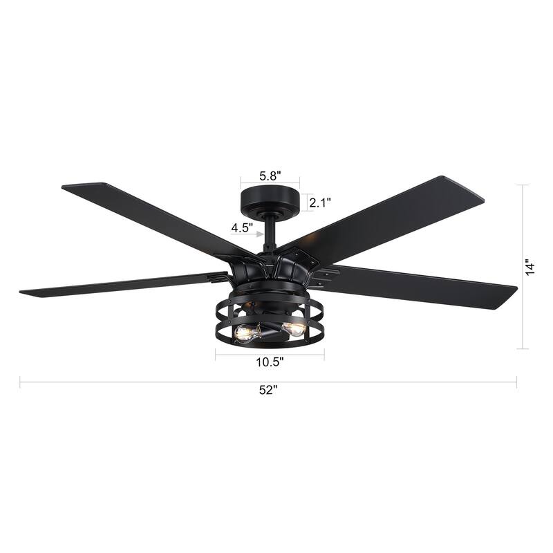 52" Industrial Wood 5-Blade Black Ceiling Fan with Remote and Light Kit