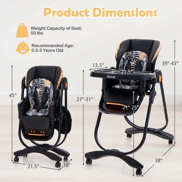 dimension image slide 0 of 2, Babyjoy Baby High Chair with Wheel Folding Baby Dining Chair - See Details