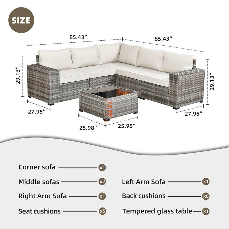OVIOS Patio Wicker Furniture Wide Arm 6-piece Set with Table