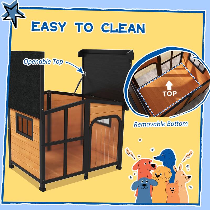Outside Cabin-Style Wooden Dog House for Large Dogs with Openable Roof & Giant Window, Asphalt Roof