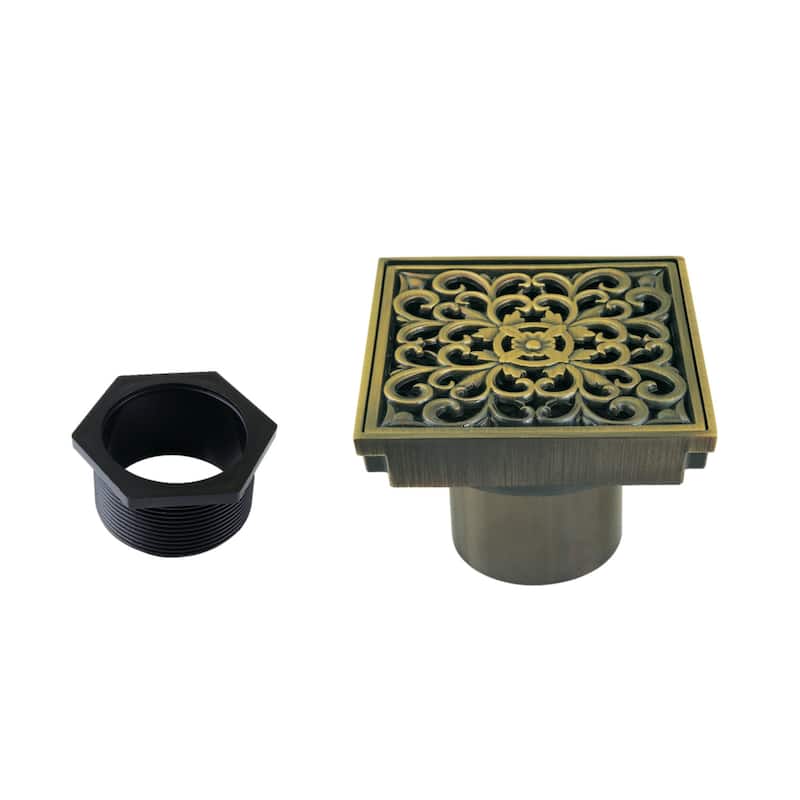 Watercourse Scroll 4" Square Grid Shower Drain - Antique Brass