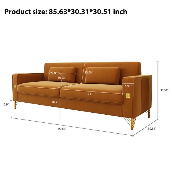 85.63 Wide Velvet Sofa Couches Large with Square Arm Gold