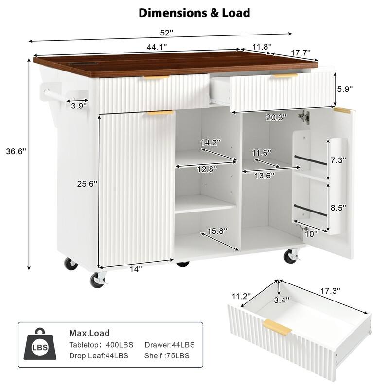Fluted 52" Kitchen Island Cart with Drop Leaf, Power Outlet, Rolling Island Table with Adjustable Shelves for Versatile Storage