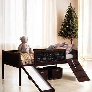 Twin size Loft Bed Wood Bed with 2 Storage Boxes,Pine Wood Frame & Double-sided Chalkboard Loft Bed,Espresso