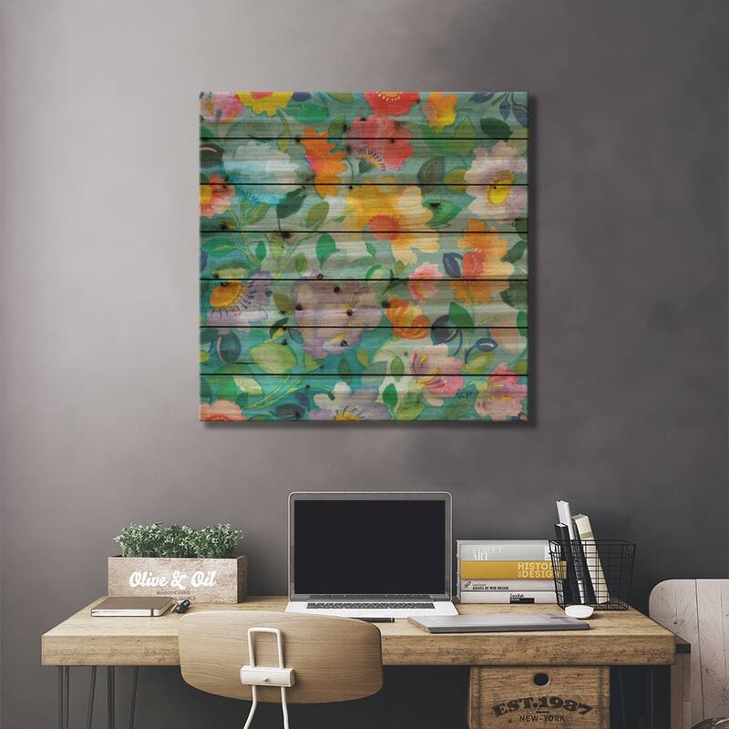 Turquoise Flowers Print On Wood by Kim Parker - Multi-Color