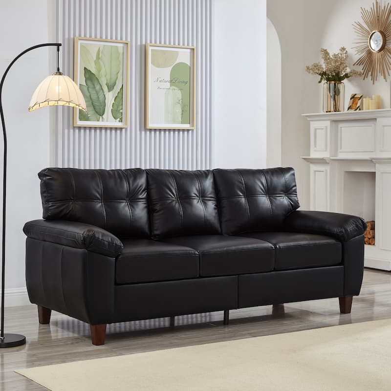 79" Three Seater Sofa Modern Design Faux Leather Couch,Storage,Big Armrest Sofa,Upholstered Breathable PU Leather Sofa - Black