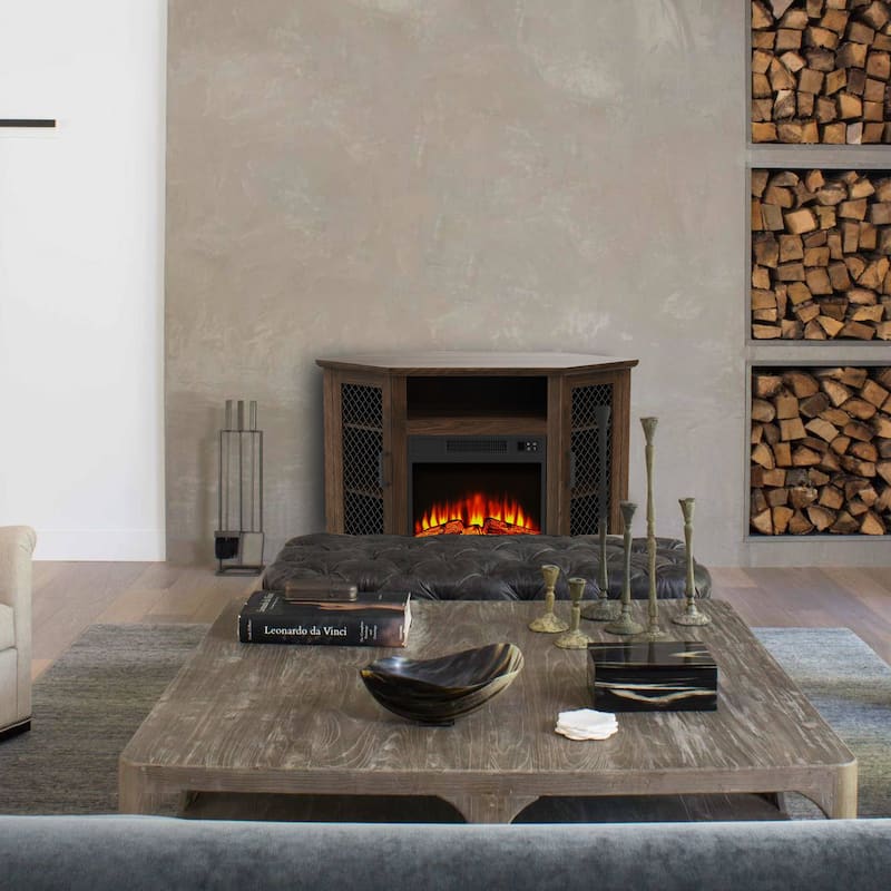 45" Industrial Corner Electric Fireplace TV Stands with 2 Metal Mesh Doors and Remote