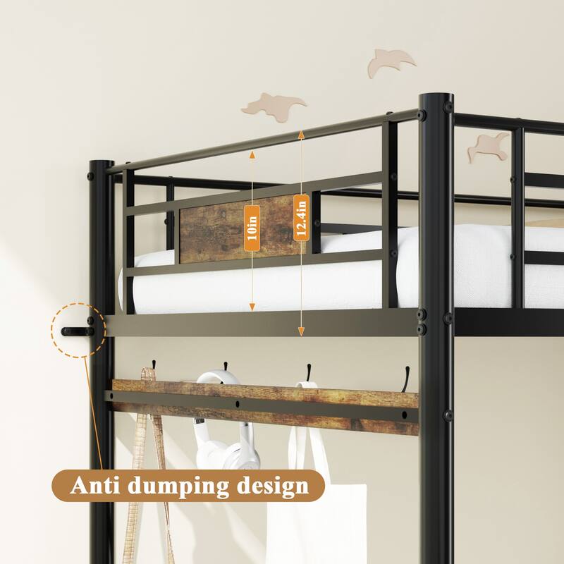 Roomfitters Twin Loft Bed Frame with L-Shaped Desk, 3-in-1 Coat Rack & Charging Station, Metal Storage Bunk, No Box Spring
