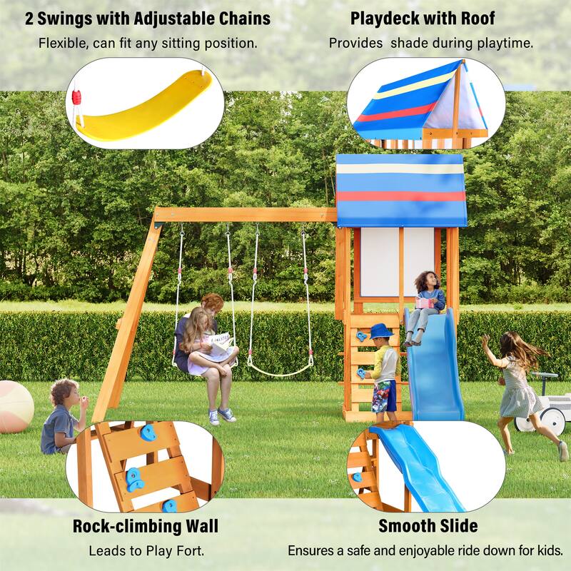 Outdoor 3 in 1 Wood Swing Set with Slide, 2 Swings and Climber