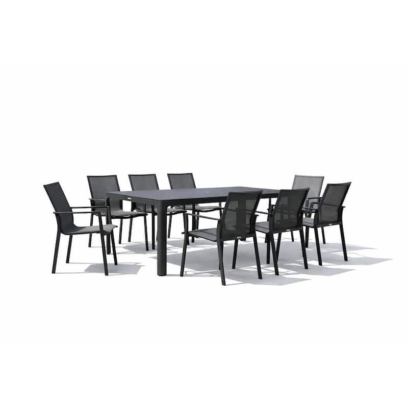 Alva Dark Grey 9-Piece Aluminum Outdoor Dining Set with Sling Set in Pewter - N/A