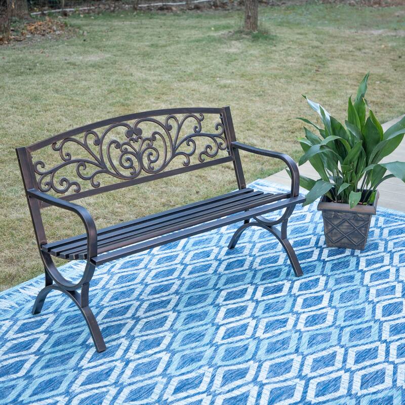 MAISON ARTS Garden Bench Cast Iron Steel Frame 50 Inch Flower Pattern Bench