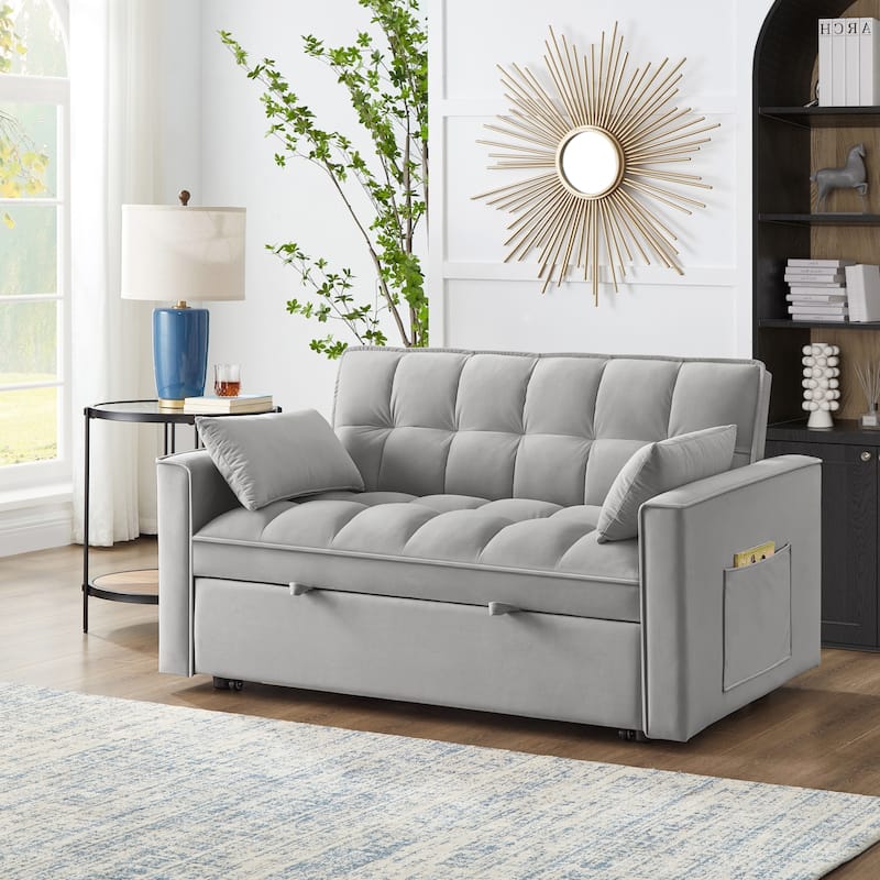 Convertible Loveseat Sleeper Sofa Bed, Couch Settee with Pillows, 2-Seater Sofa with Armrests and Storage Pockets