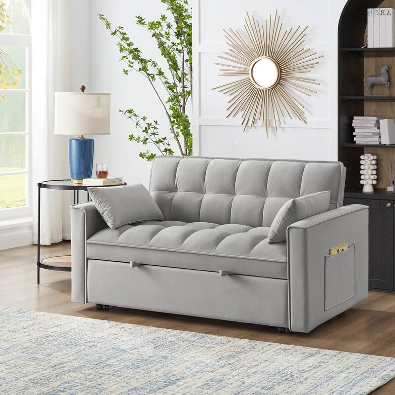 Gray 52.5" Velvet 4-in-1 Loveseat Tufted Pull-Out Sofa Bed with Adjustable Backrest
