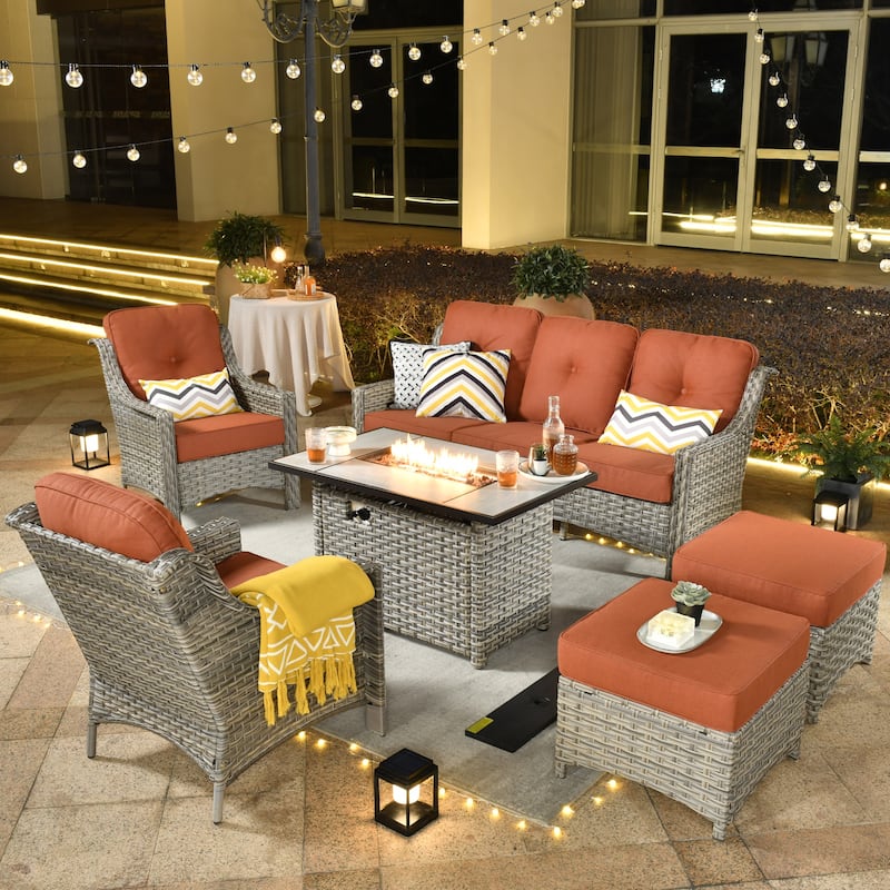 XIZZI 6-piece Rattan Wicker Outdoor Furniture Deep Seat Sofa Set with Fire Pit - Red