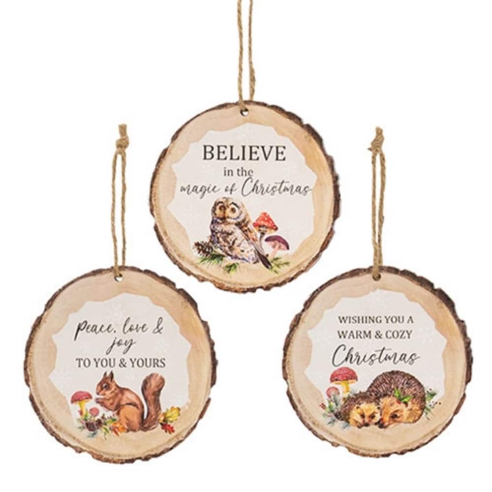 Multi-Color Woodland Animal Ornaments with Printed Design and Jute Hanger, 3 Asstd. - 4 x 0.25 x 4 in.