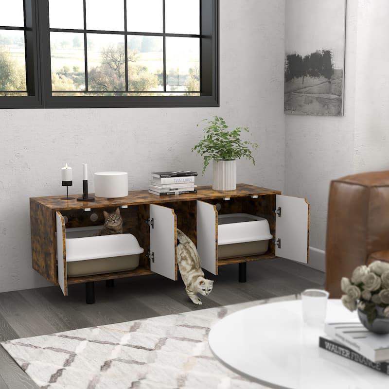 3-in-1 Cat Litter Box and Condo with TV Stand Design - 57.9" W x 18.9" D x 22.8" H - Rustic-Brown-White