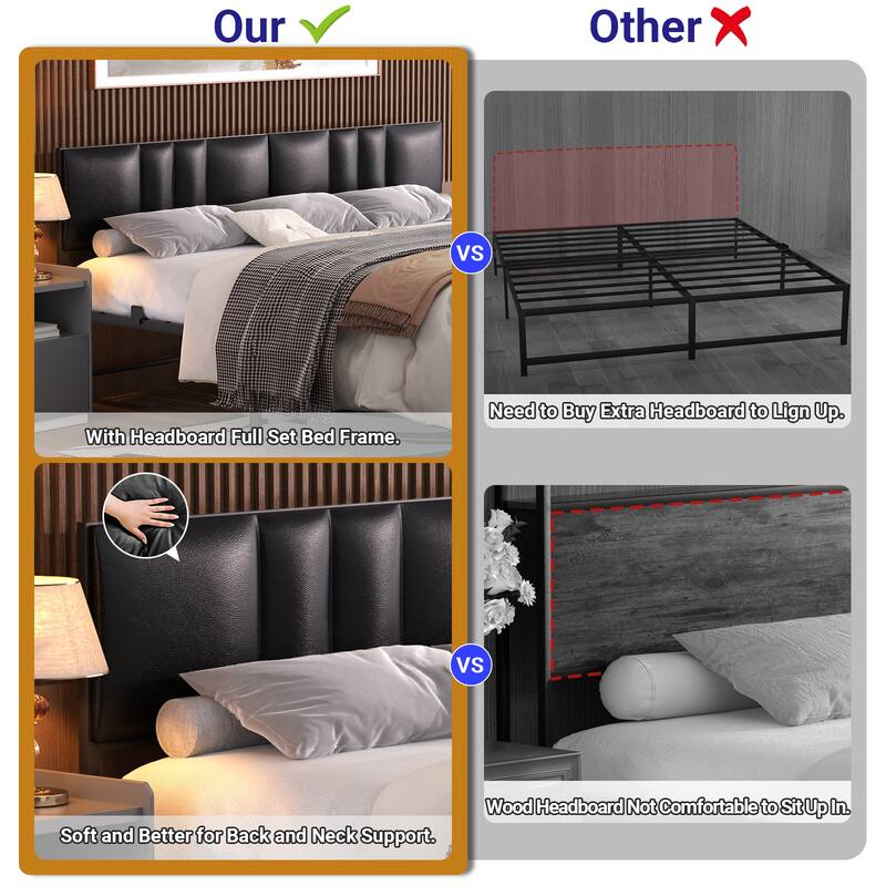 Upholstered Bed Frame with Height Adjustable Headboard,with RGB LED Light and Charging Hub