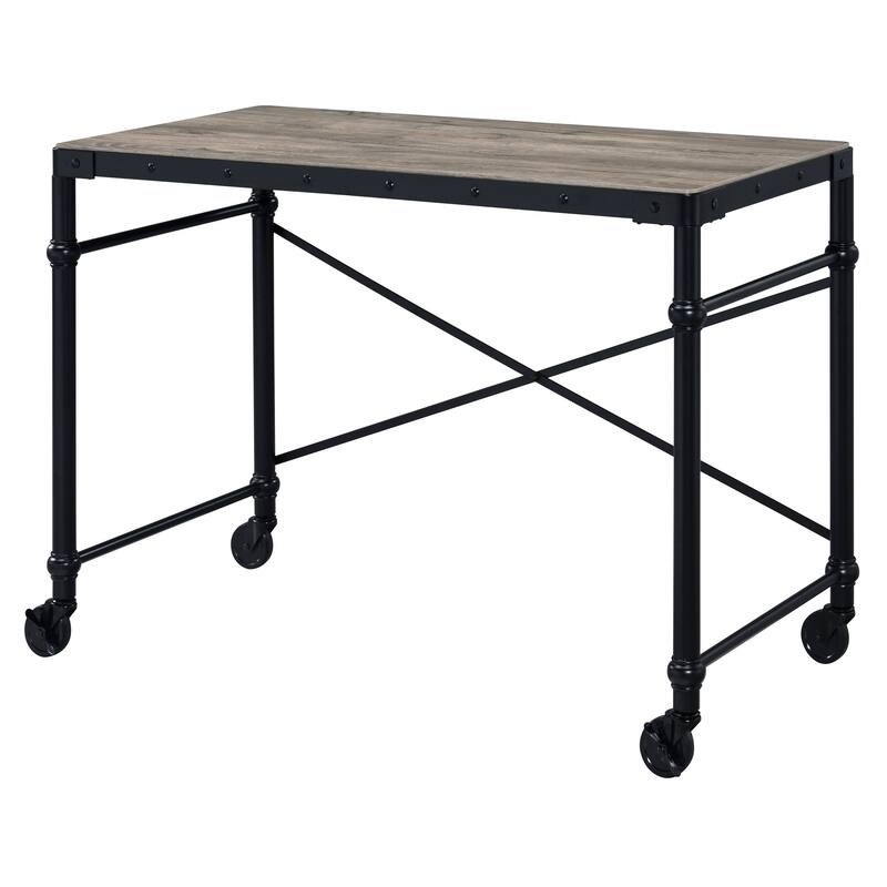 Industrial Writing Desk with Wheels, Rectangular Wooden Top, Nailhead Trim for Office or Home Workspace - Black+Brown