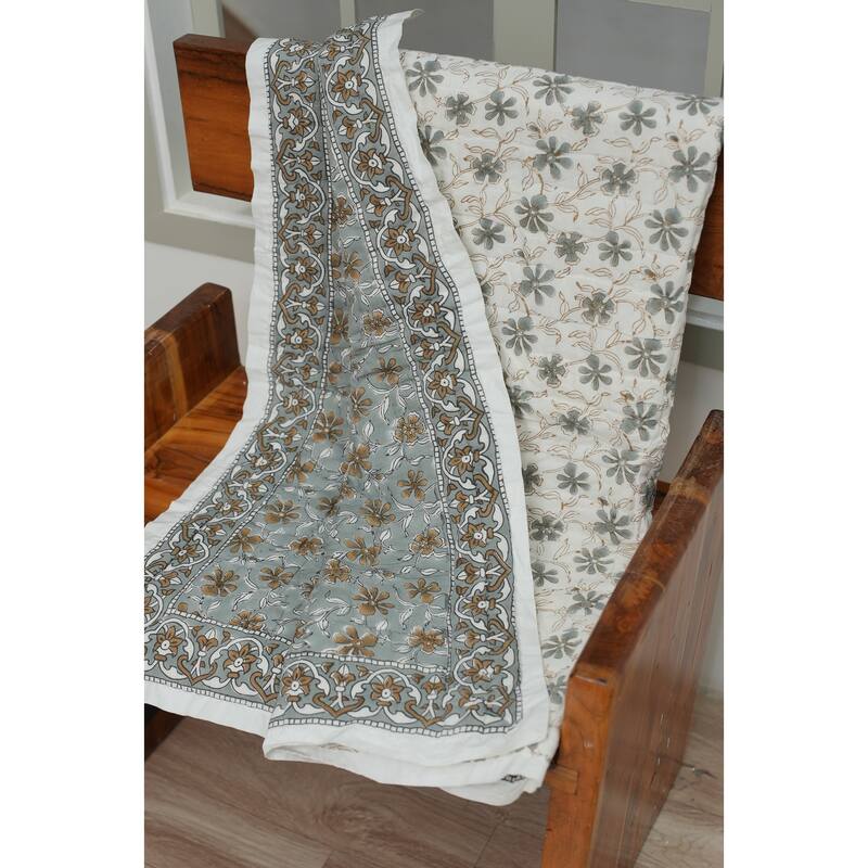 Fabdivine Artisan Handmade 100% Cotton Quilt - Brown Green Floral Block Print, Reversible Bohemian Bedding for Home