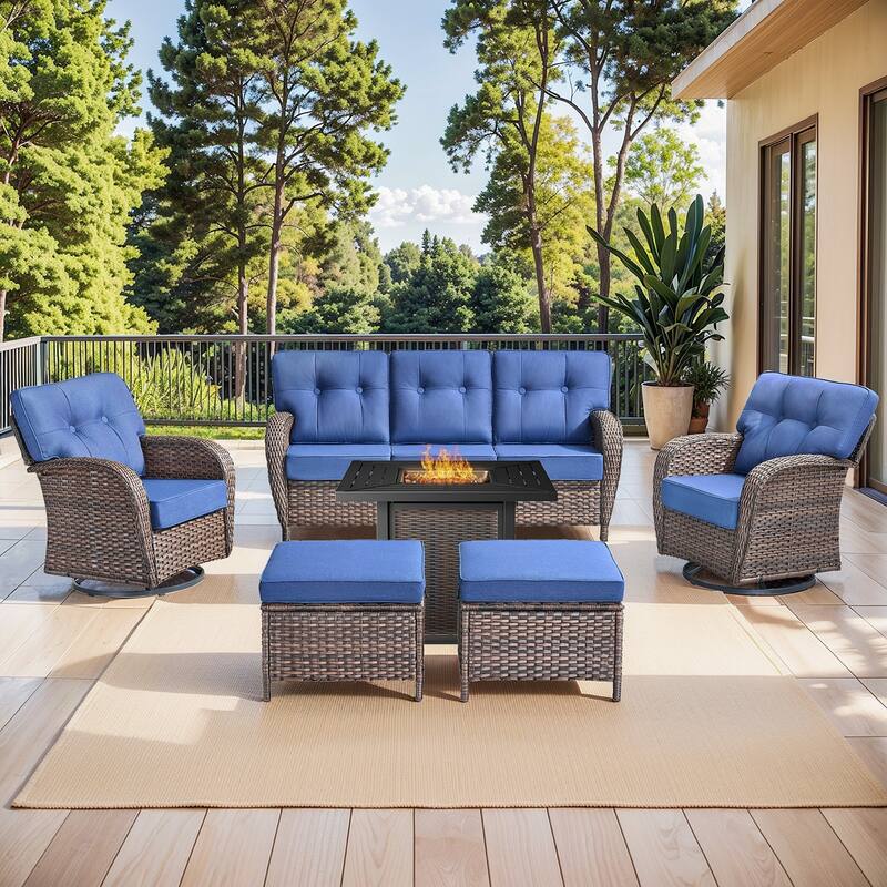 Pocassy Outdoor 30 In Fire Table with Sofa Swivel Chair Set - Brown Wicker Blue Cushion - 8-Piece Sofa Swivel Chair Ottoman with Fire Table