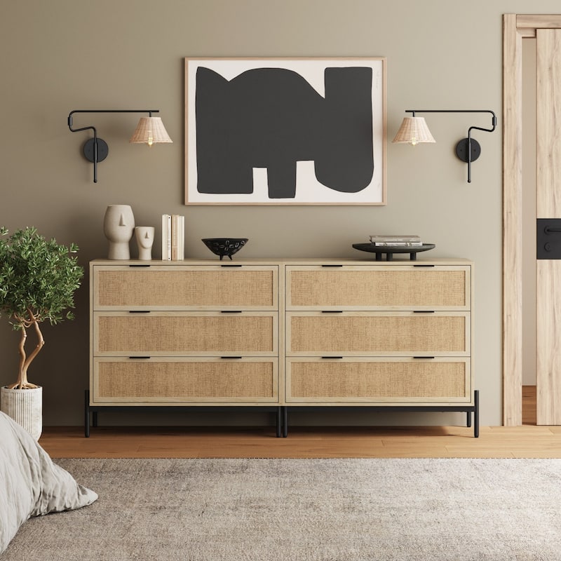 Andrew 3-Drawer Rattan Dresser or Bohemian Living Room Storage Cabinet with Natural Rattan Accent and Metal Legs - Light Oak Set of 2